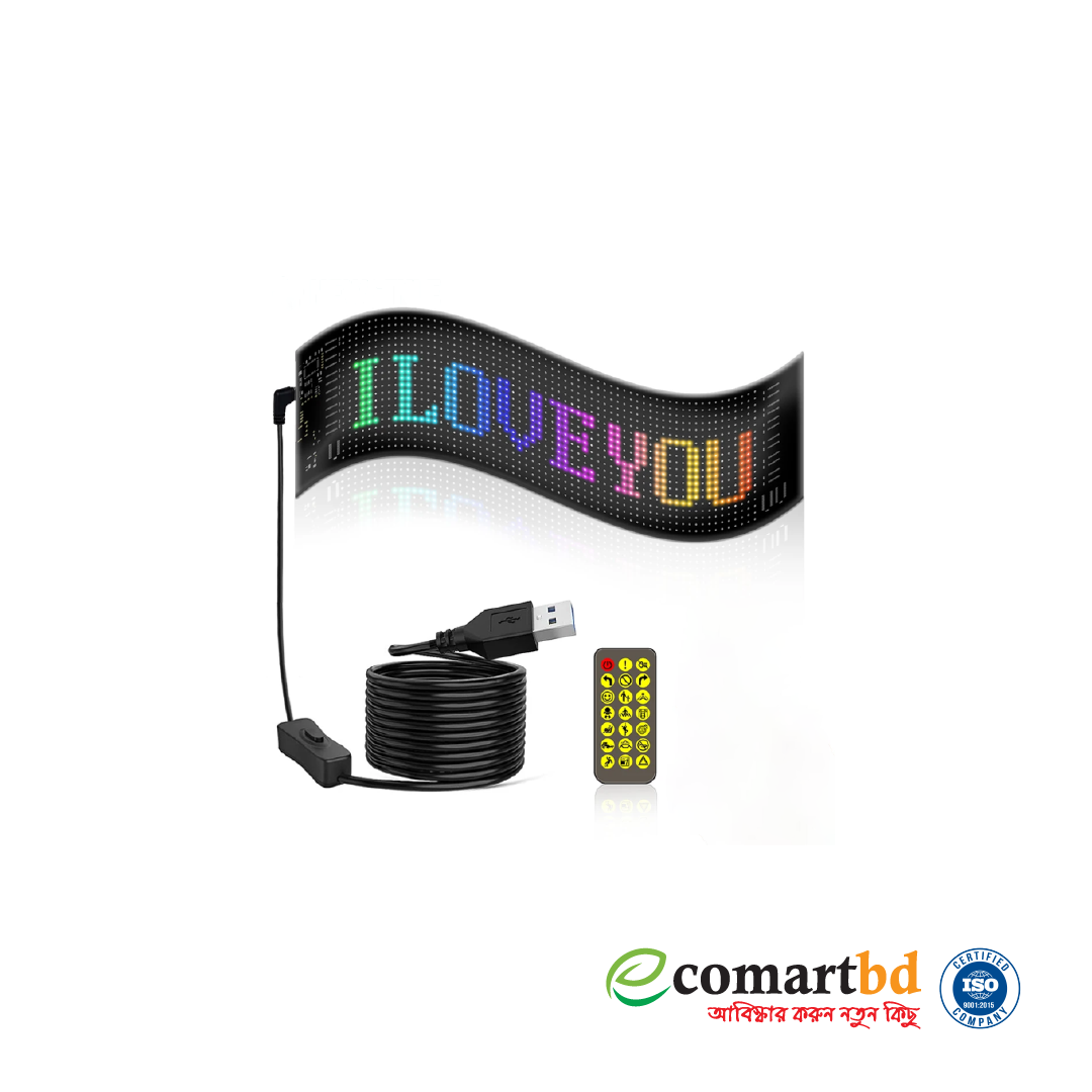Programmable Flexible LED matrix panel with a USB power cable and remote control.