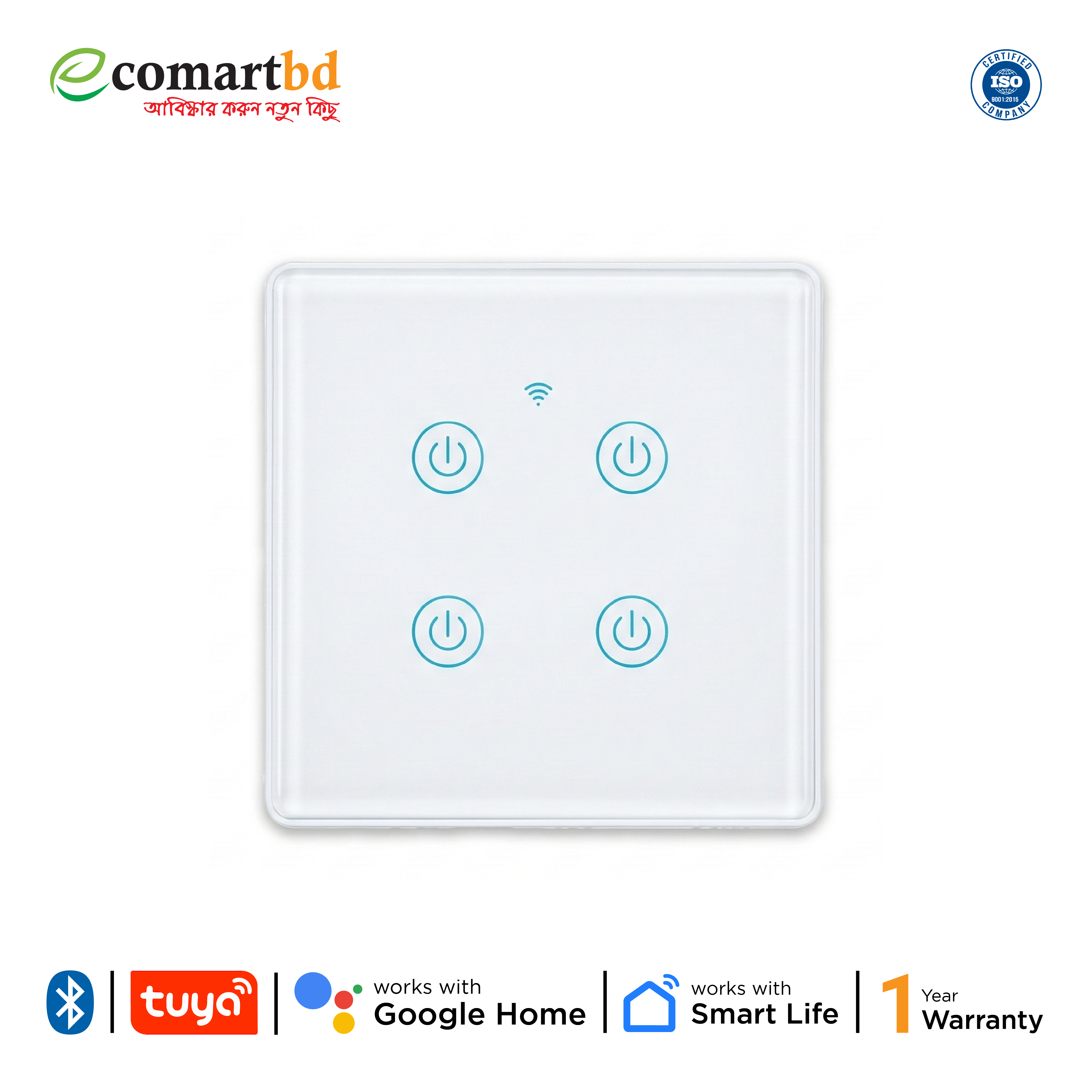 4 Gang WiFi + Bluetooth Smart Touch Wall Switch (৪ গ্যাং ওয়াই-ফাই স্মার্ট সুইচ)