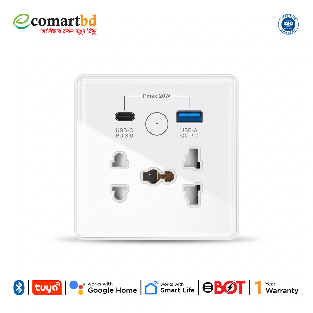 WiFi 5 Pin Universal Socket 13A With USB & Type-C Fast Charge (White)
